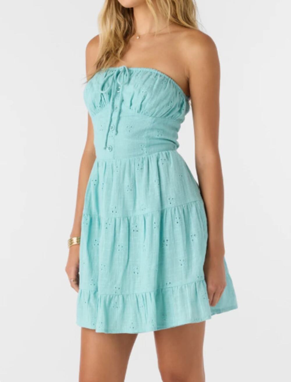 NWT O'Neill Womens Naya Short Dress Large Smocked Back Panel Eyelet Nile Blue